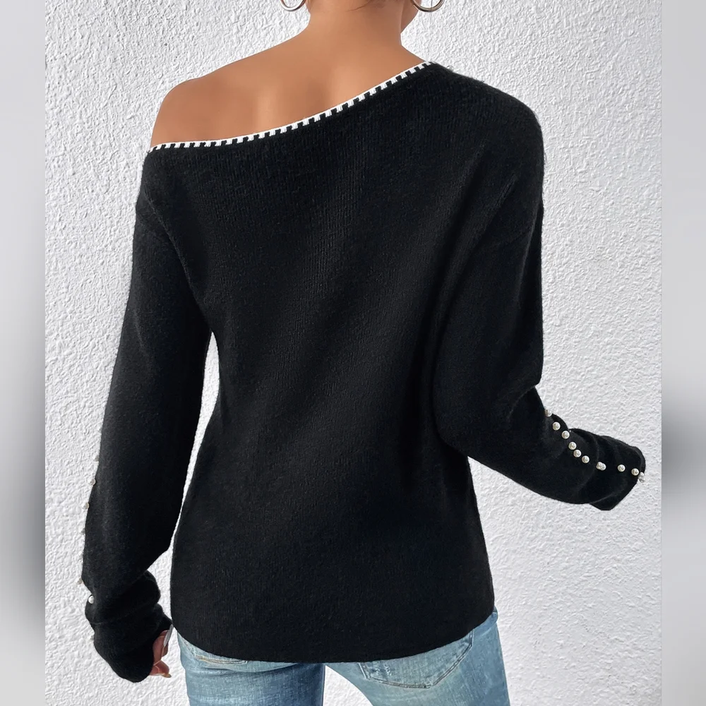 Beaded Asymmetrical Neck Sweater - Picture 3 of 5